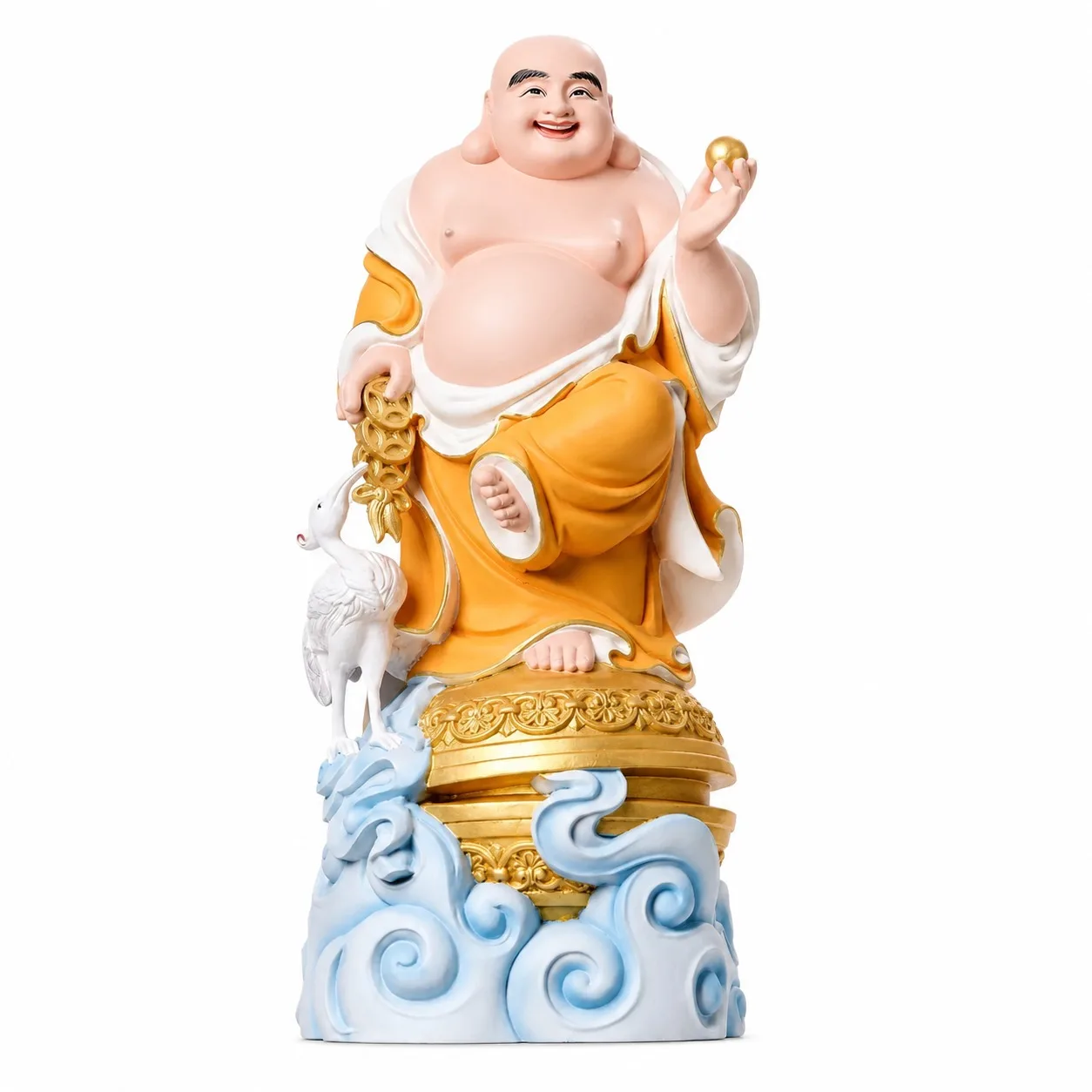 Hand Carved Hinoki Wood Laughing Buddha with Crane Statue for Oriental Feng Shui Living Room Office Tabletop Decor Gift