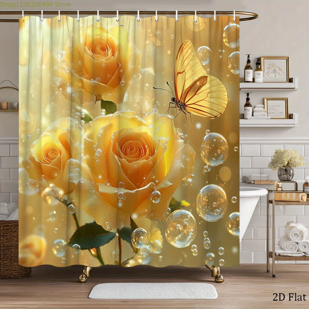 1pc Rose Shower Curtain Golden Yellow Bloom Butterfly Bubbles Ethereal Home Bathroom Bathtub Decorative Curtain with Hooks