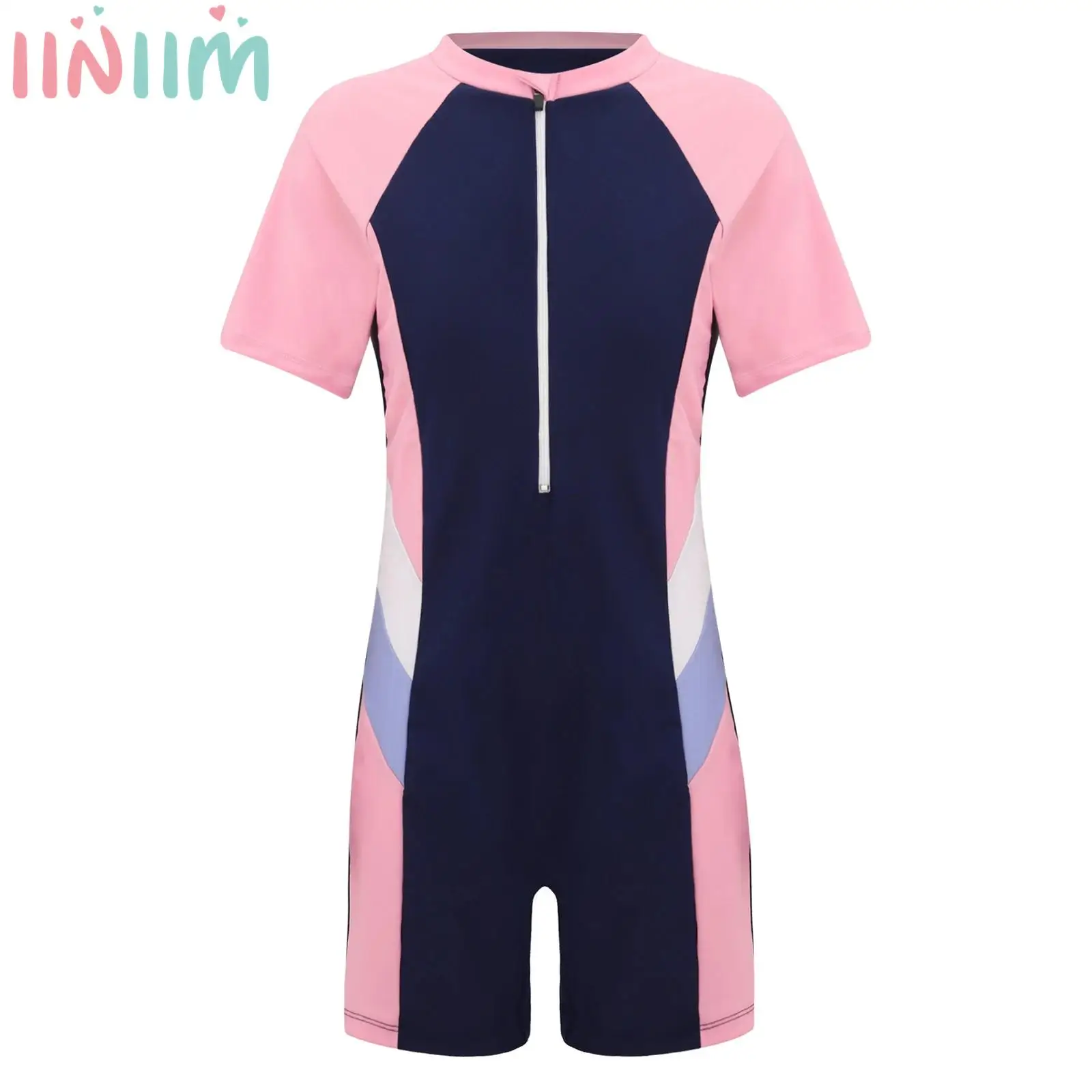 

Kids Girls One-piece Swimsuit Short Sleeve Padded Zipper Jumpsuit Surfing Bathing Suit Swimwear Pool Beach Sport Rash Guard