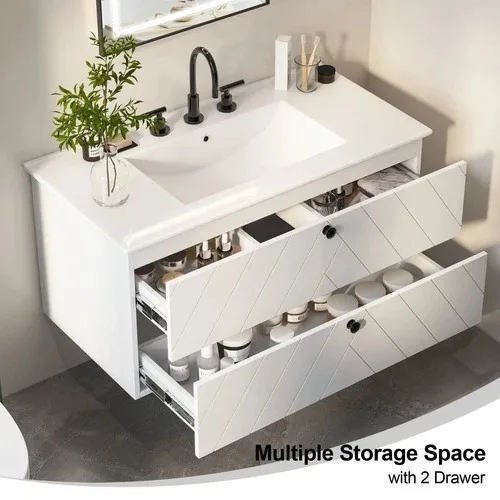 Modern White Floating Bathroom Vanity Cabinet with Mirror & Complete Faucet Set