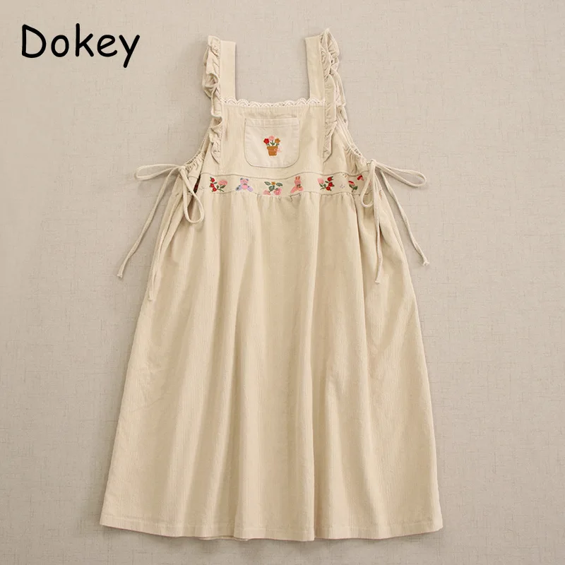 Women\'s Vintage Embroidery Corduroy Spaghetti Strap Dress, Japanese Mori Girl Ruffles Overalls, Casual Midi Dress, Autumn