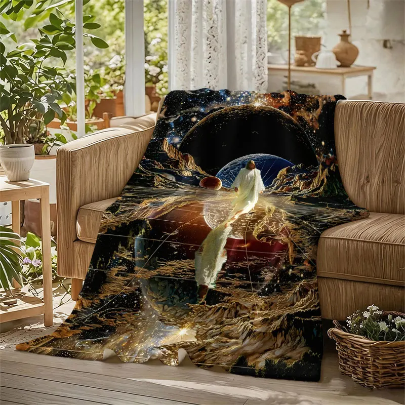 Sacred Figure Cosmic Planets Flannel Blanket Perfect for Sofa Office Bed Travel Sleep Read Relax Camping Four Season Use