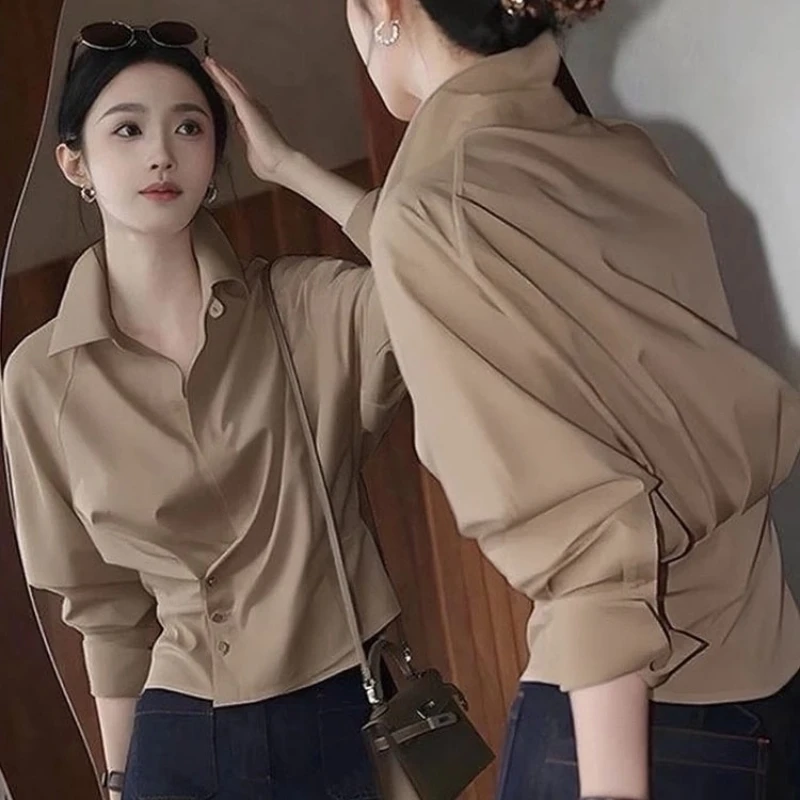 

Vintage Women's Blouses Solid Color Office Lady Shirts Fashion Slim Fit Summer Clothing Long Sleeved Chiffon Women Tops