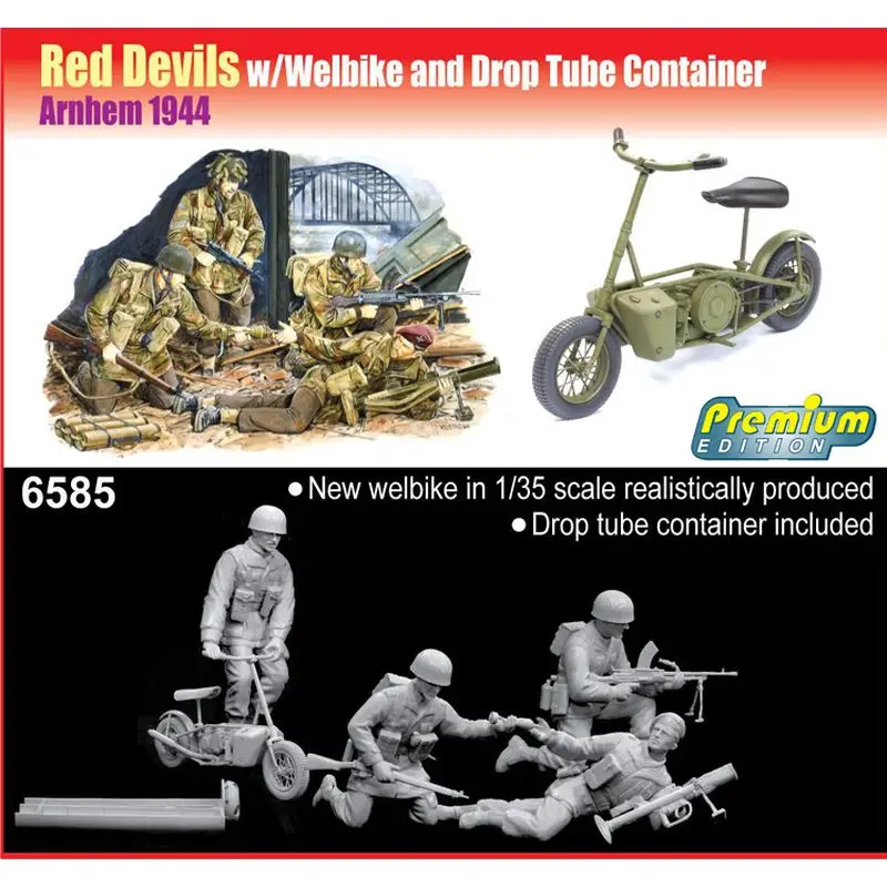 Hobby Kit DRAGON 6585 1/35 Red Devils w/Welbike and Drop Tube Container, Arnhem 1944 - Scale Model Kit DIY Toy