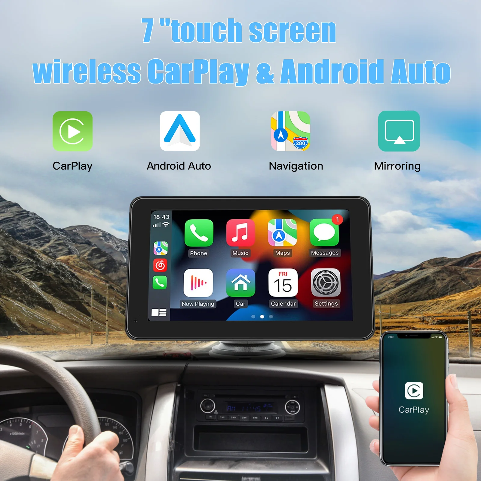 Universal Touch Screen TV Video Player, Wireless Apple CarPlay, Android, Bluetooth, USB, Link Espelho, Câmera 12-Light, 7