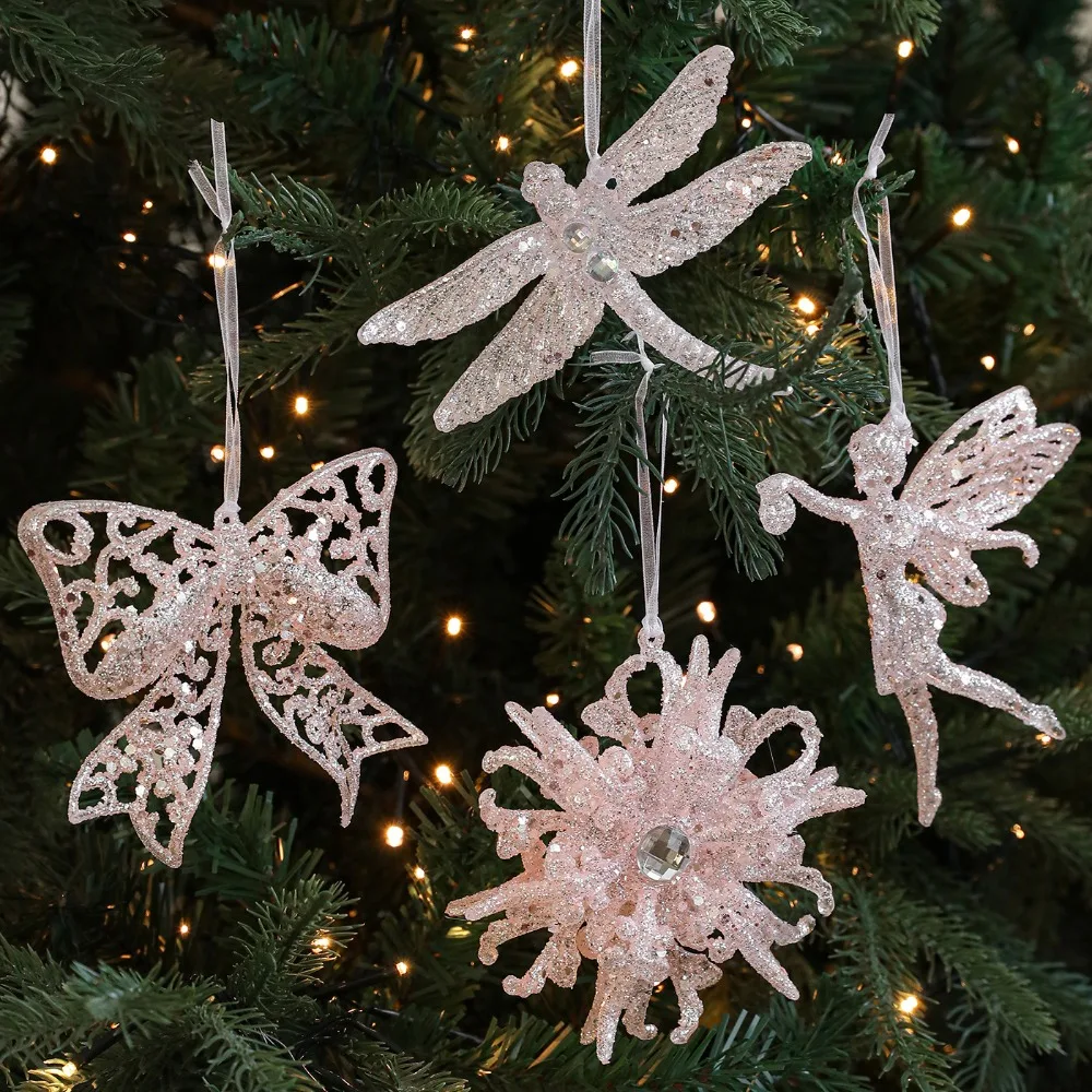 

Glitter Christmas Tree Pendant Slightly Sticky Candy Butterfly Snowflake Ornament Cartoon Plastic Xmas Hanging Ornament