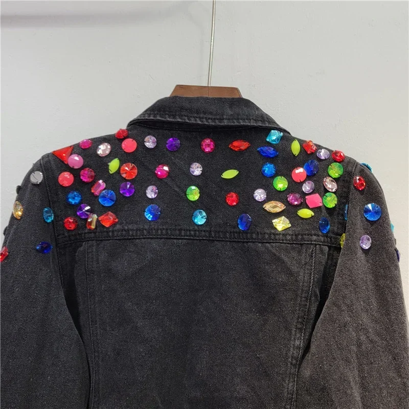 

Heavy Work Diamonds Black Denim Jacket Women High Waist Extra Short Slim Outerwear Korean Manual Drawstring Jeans Jackets Female