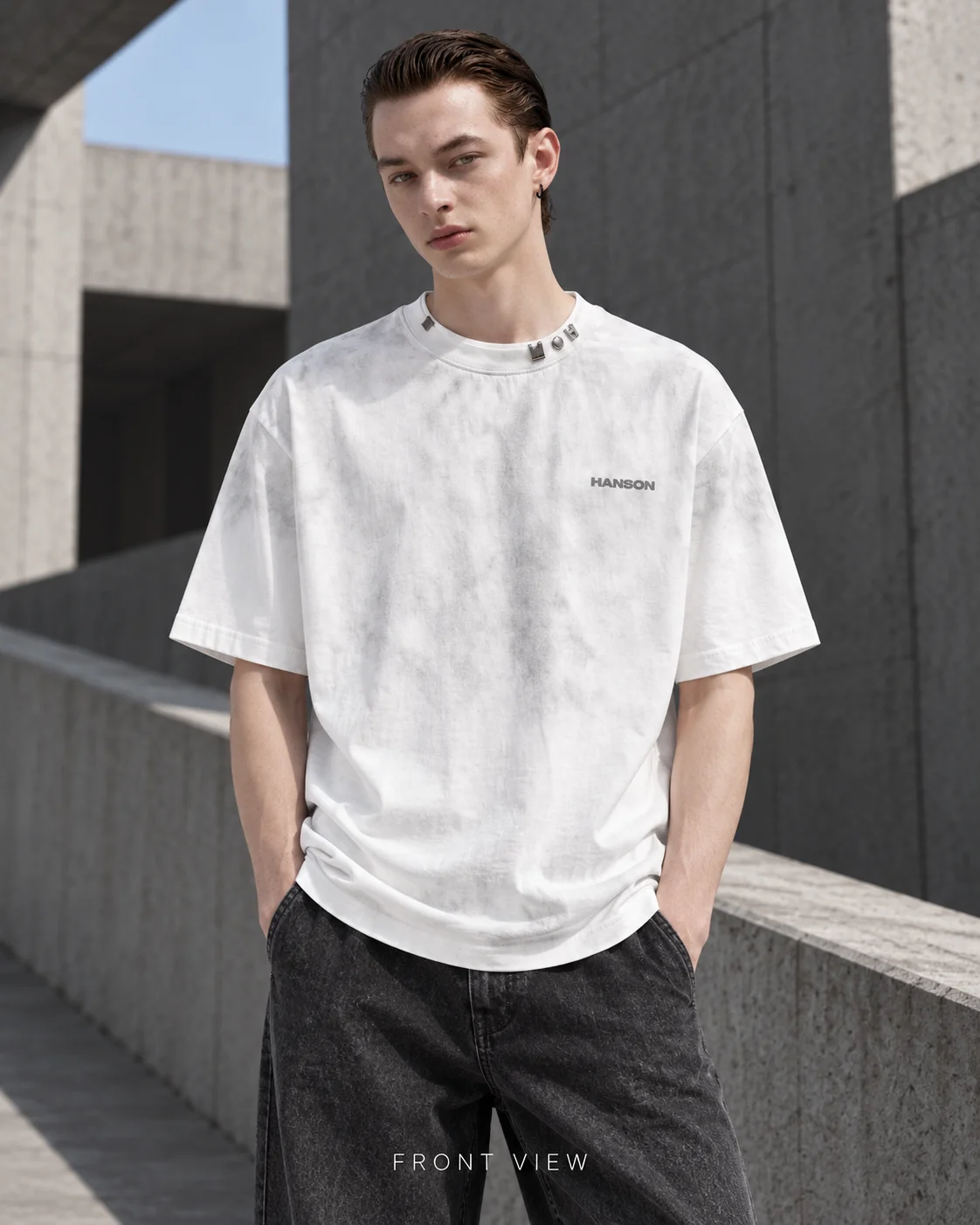 MAZZONNE Men's White Distressed Graphic T-Shirt with Metal Hardware, Round Neck Short Sleeve Streetwear Tee H