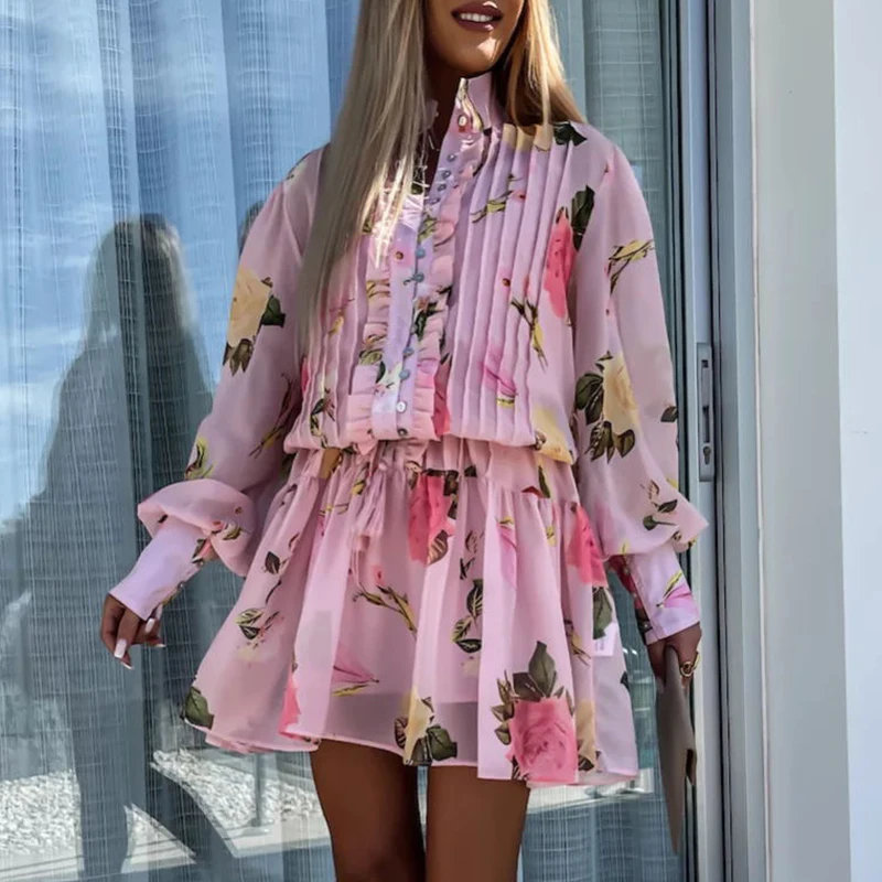 

Spring Button Ruffles A-line Dress Elegant Women Long Sleeve Stand Collar Lace-up Mini Dress 2024 Slim Floral Print Office Dress