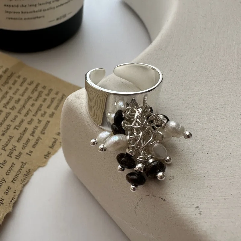 S925 Silver Asian Niche Design Sense Retro Beaded Fashionable Personality Ring Korean Version Handmade First Jewelry Wholesale