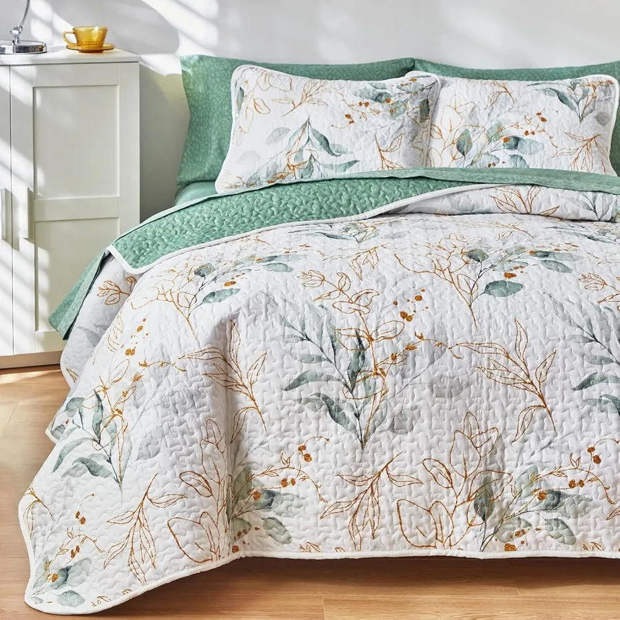 

3 Pieces Microfiber Quilt Set with Botanical Green Leaves on White Reversible Design for All Season Use Includes 1 Quilt and 2