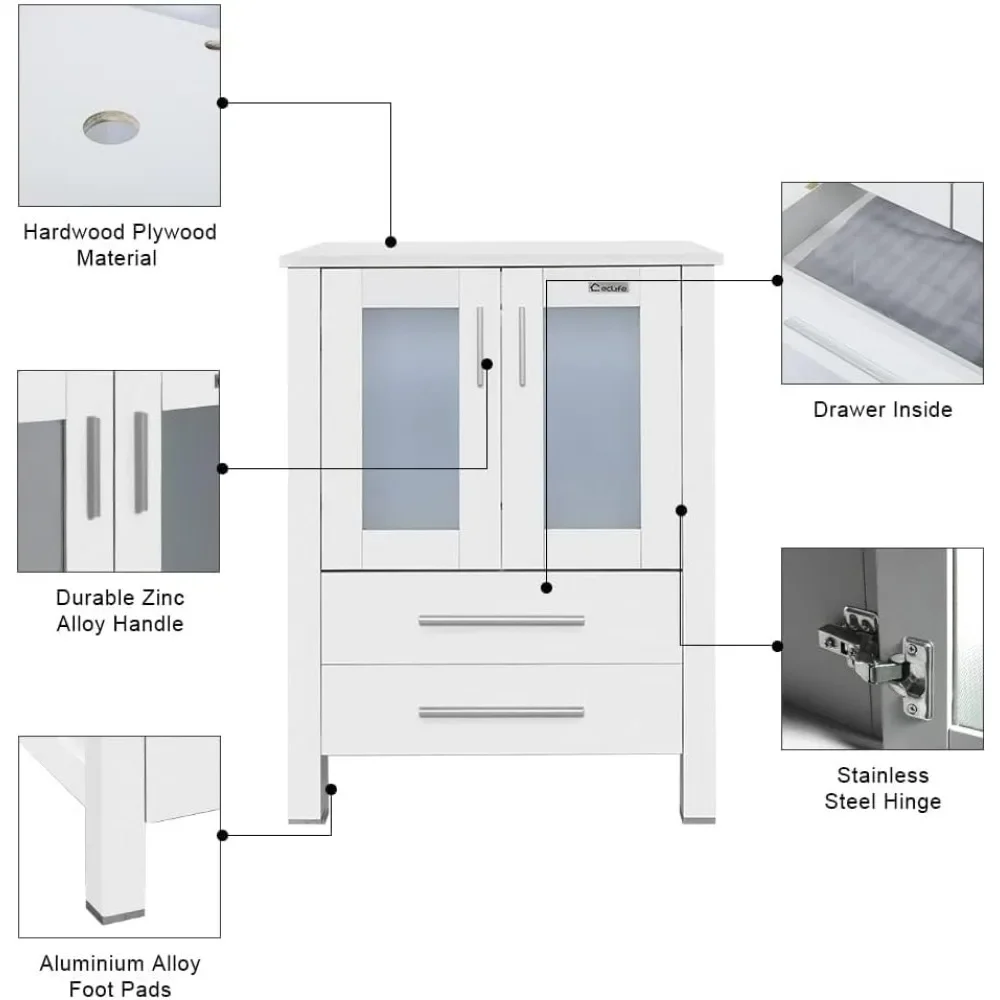 Évier d'HOVanity moderne avec petites armoires latérales, évier de bateau en verre marron, économie d'eau, vidange escamotable, 84 po, blanc chlore