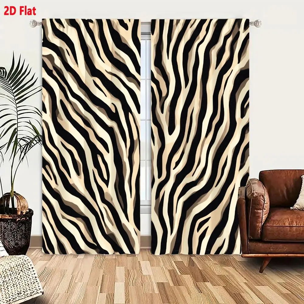 2Pcs Curtains 2D Flat Zebra-like Stripes Seamless Pattern Black And White With Light Beige Tint Abstract Organic Curved Stripes
