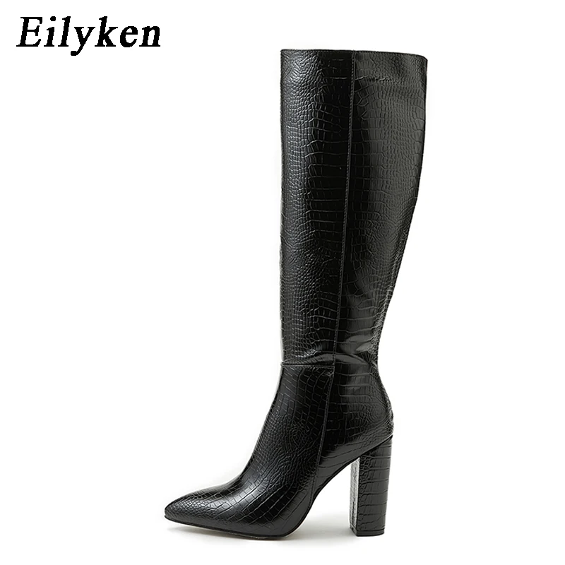 Eilyken Black Serpentine Fashion Women Knee High Boots Sexy Pointed Toe Square Heels Ladies Long Boot Zipper Female Shoes