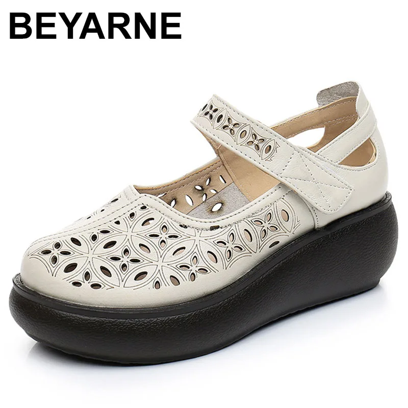 

2025 Spring Summer Hollow Genuine Leather Shoes Sandals Platform Increase Shoes Wedges High Heels Large Size Women Shoes