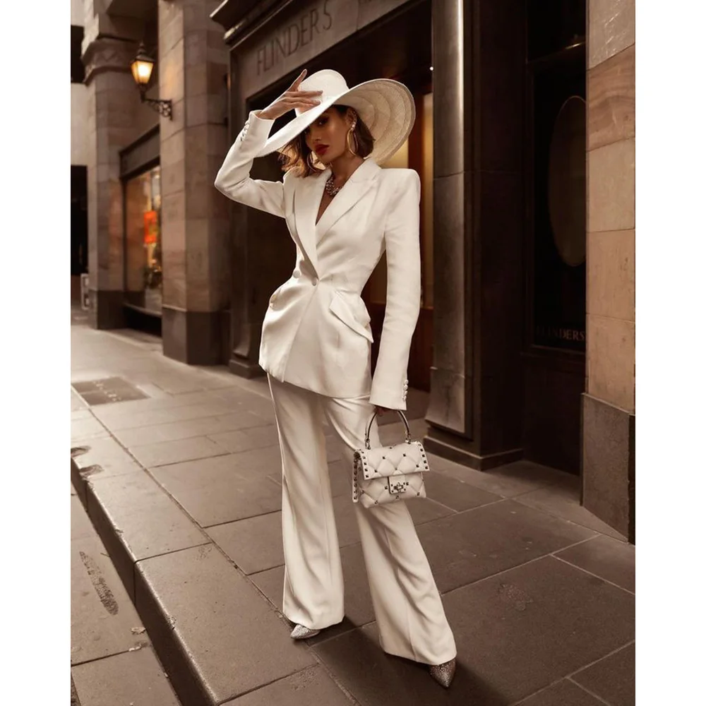 

White Women Two Pieces Suit Set Double Breasted Peak Lapel Jacket Pants Sets Office Banquet Wedding Elegant Lady Female Clothing
