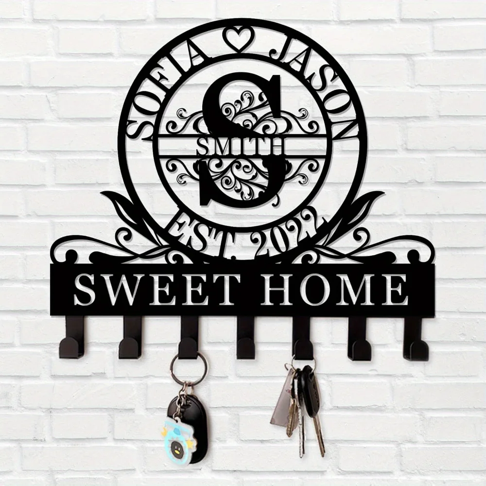 Personalized Metal Key Hooks with Family Name Custom Key Rack for Wall Decorative Key Holder for Wall Unique Valentines Day Gift