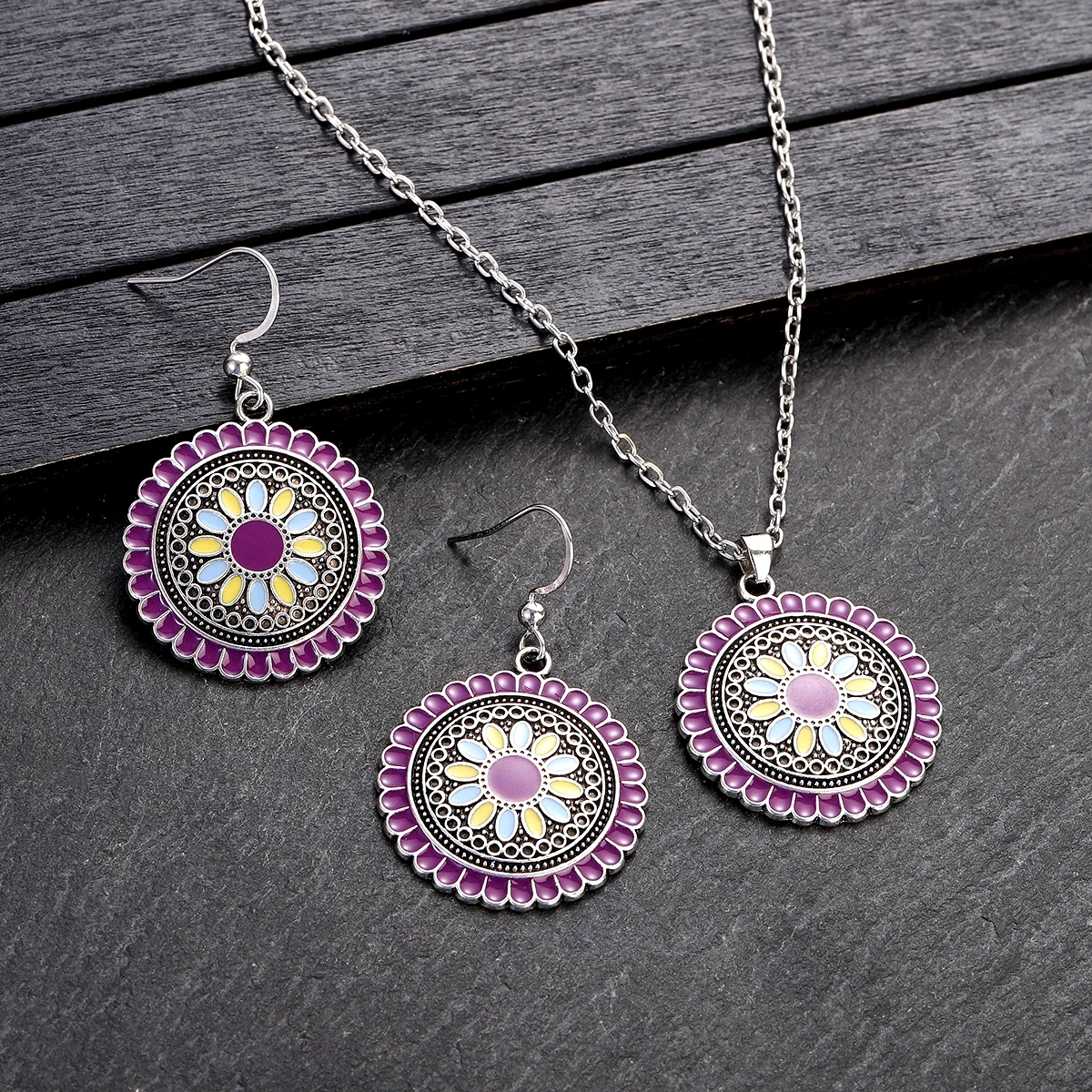 Boho Pink Flower Earring/Necklace Set Bijoux Women\'s Purple Indian Wedding Jewelry Hangers Bohemia Earrings