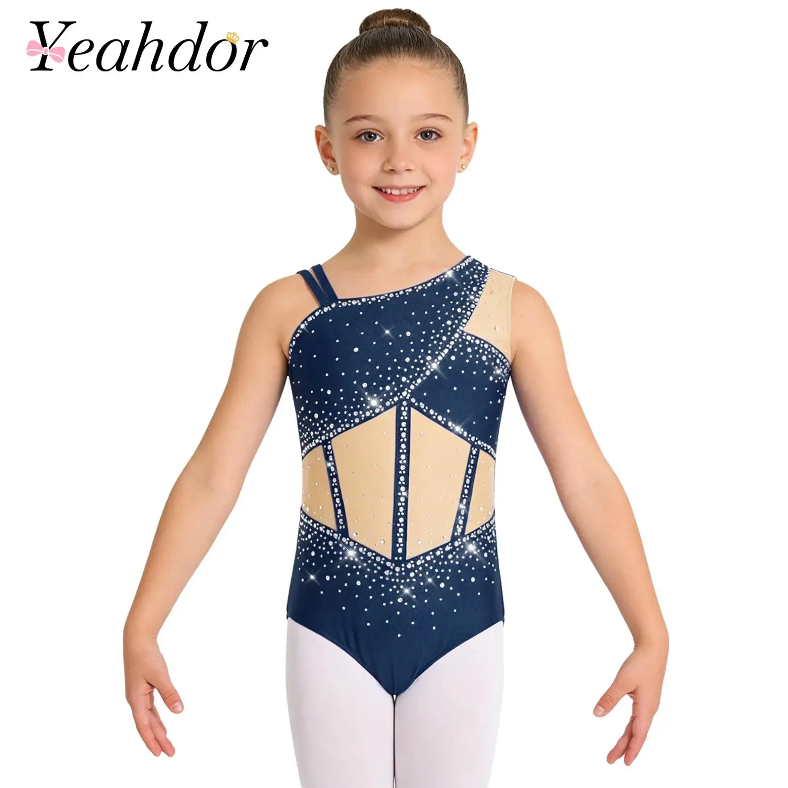 Maillot de Danza Brillante con Pedrería para Niñas, Maillot sin Mangas para Gimnasia Rítmica, Maillot de Patinaje Artístico con Bloques de Color