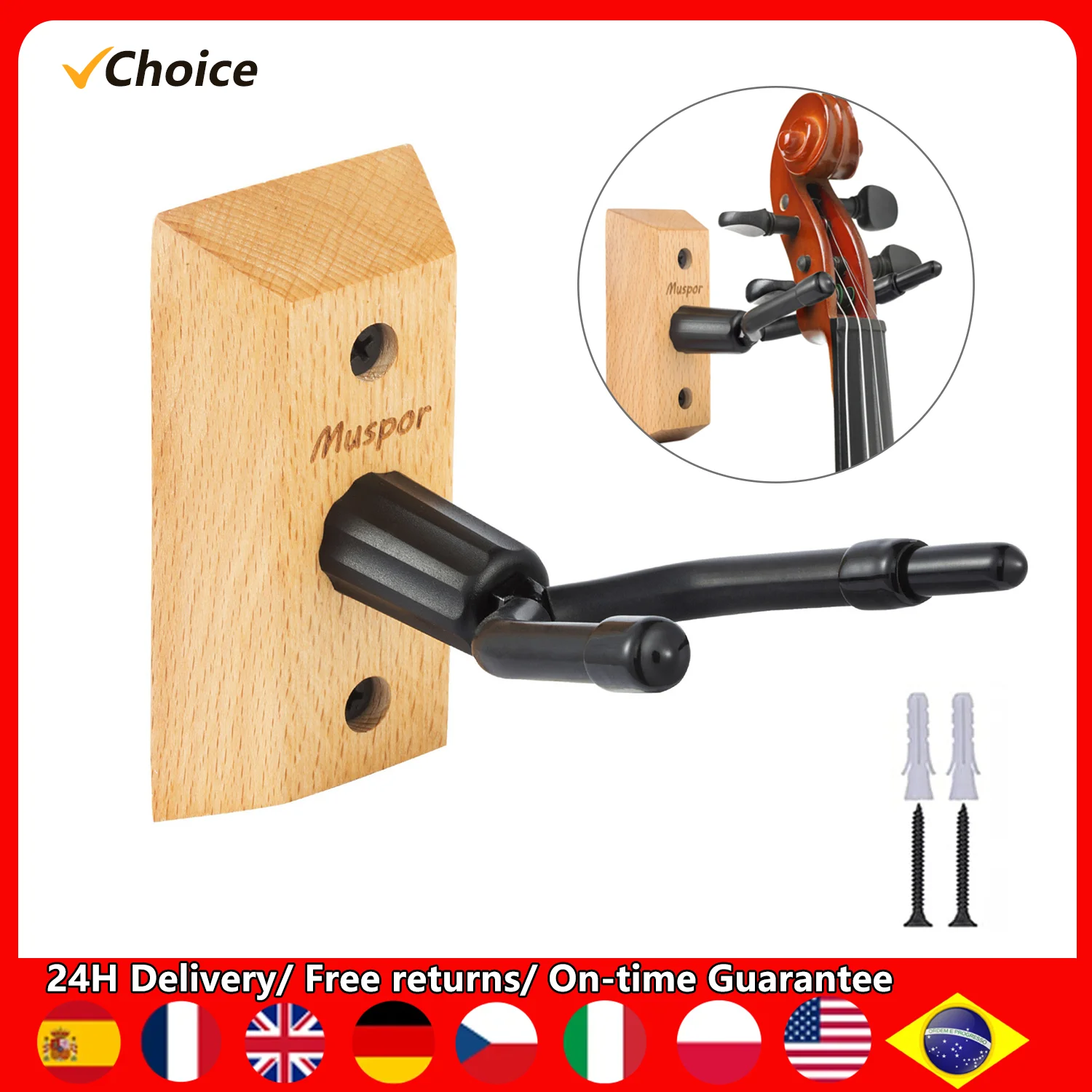 Muspor Violin Wall Mount Hanger with Bow Hook (Wooden Base) 1 Pack - Perfect for Displaying and Storing Music Violins Players