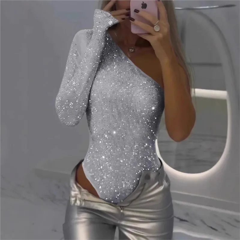 

Women's One-shoulder Bodycon Romper T-shirt Long Sleeve Sexy Rhinestone Sequin Top Hot Girls Slim Body Party Tees For Female