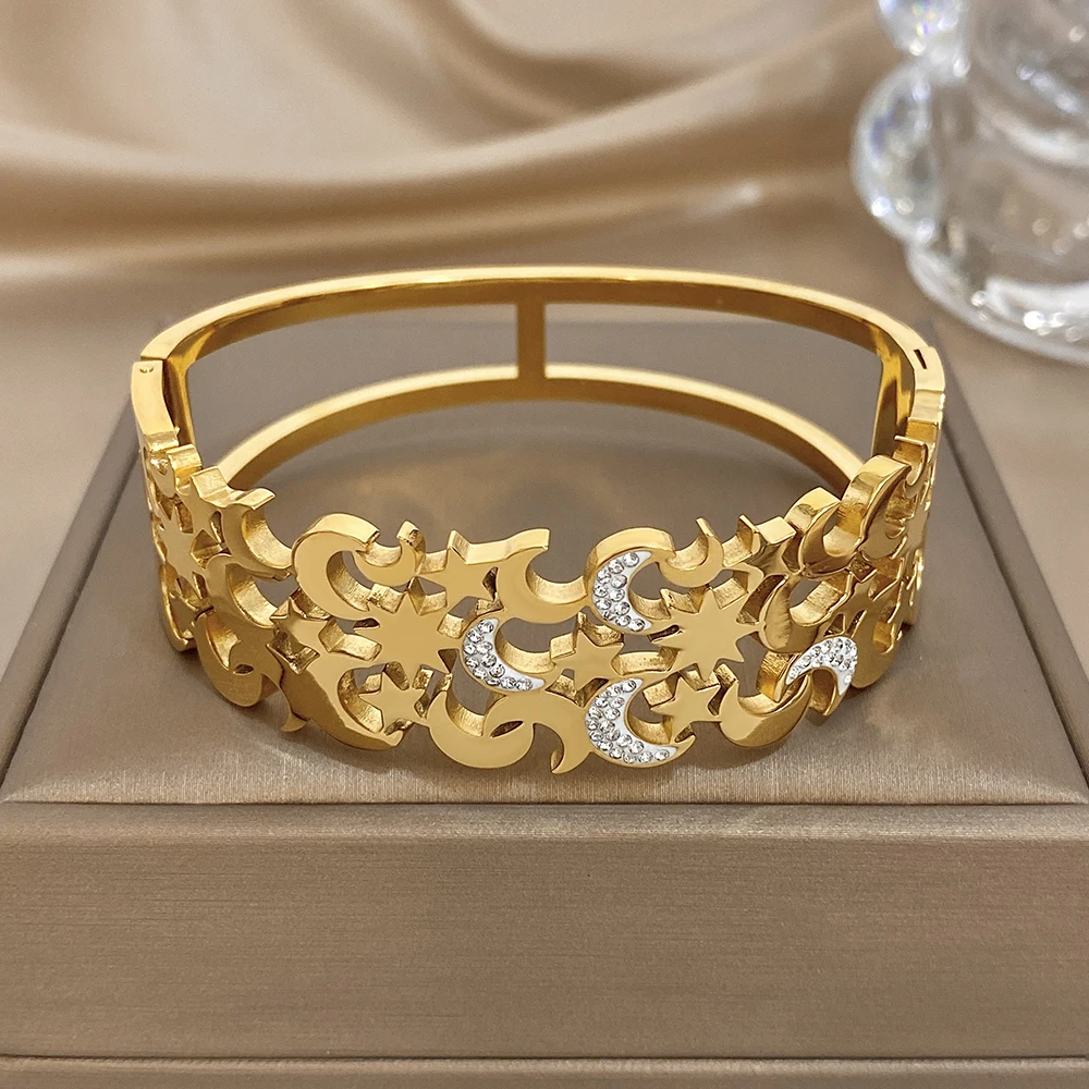 

DODOHAO Elegant Star Moon Hollow Waterproof Stainless Steel Bangle for Women Golden Spring Wide Bracelet Vacation Jewelry Gift