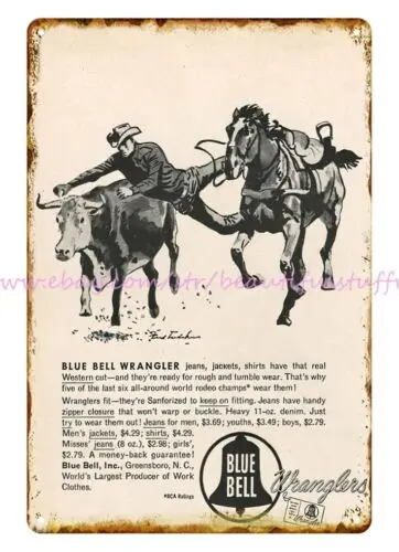 1950s Blue Bell Denim cowboy rodeo horse cow metal tin sign unique wall art