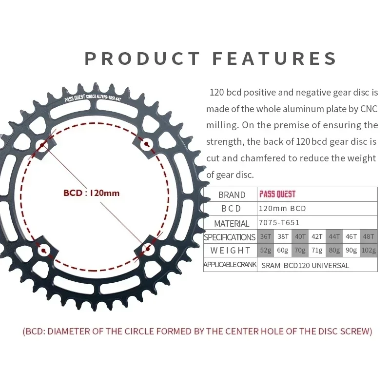 PASS QUEST 120 BCD chainring 36T 38T 40T 42T 44T 46T 48T road bike MTB chainring 120bcd suitable for sram X7 X9 XX 2X crank