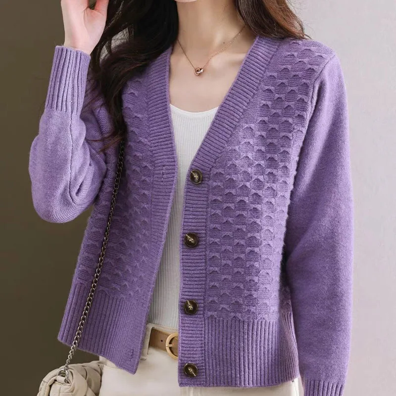 Women Clothing Solid Vintage Loose V-neck Knitted Cardigan Autumn Winter Fashion Elegant Commute V-neck Sweater