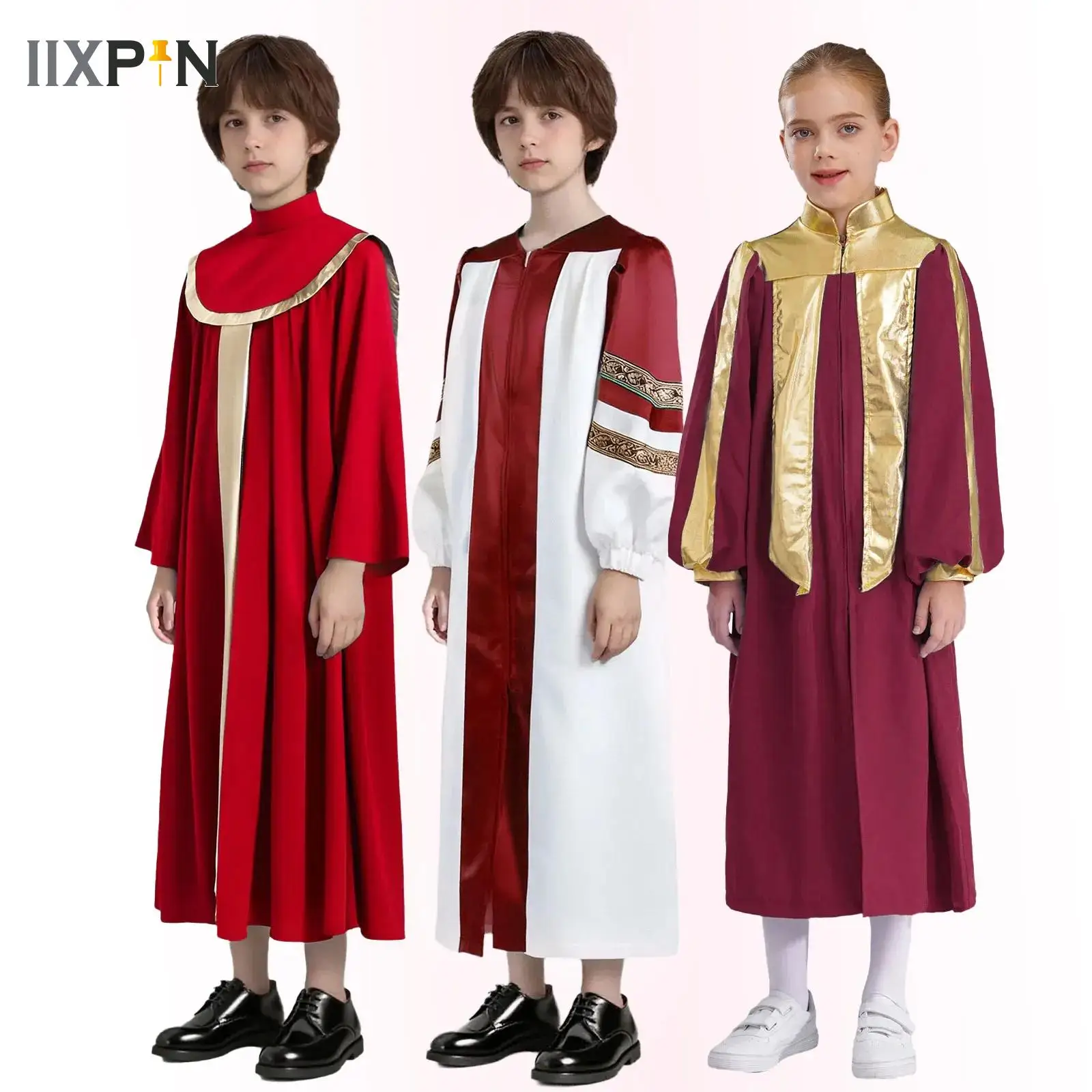 

Boys Girls Choir Robe Dress Halloween Cosplay Theme Party Costume Long Sleeve Color Block Dress Clergy Gown Church Choir Robe