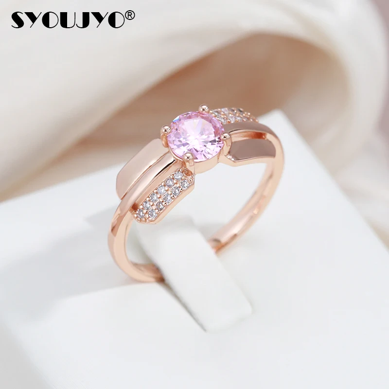 SYOUJYO Pink Cubic Zircon Women\'s Ring Luxury Design Romantic Brass Jewelry Gift For Girl Easy Matching Accessories