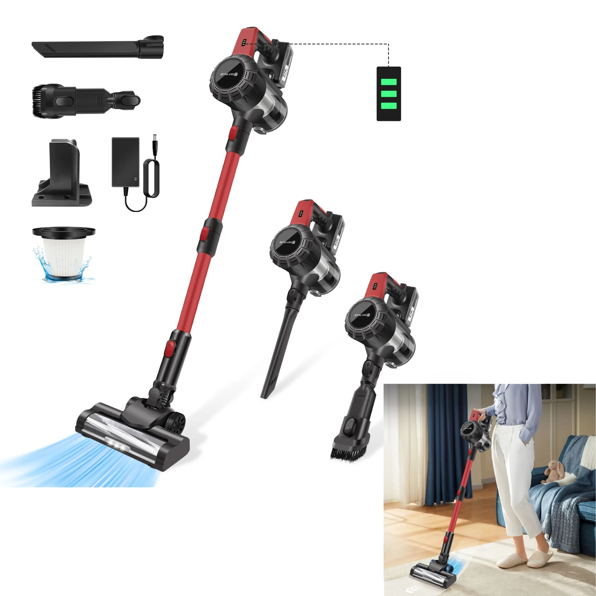New Upgrade 8 in 1 Cordless Vacuum,17KPA Powerful Cleaner Stick Vacuum Cleaner with 3000mAh Battery, LED Light