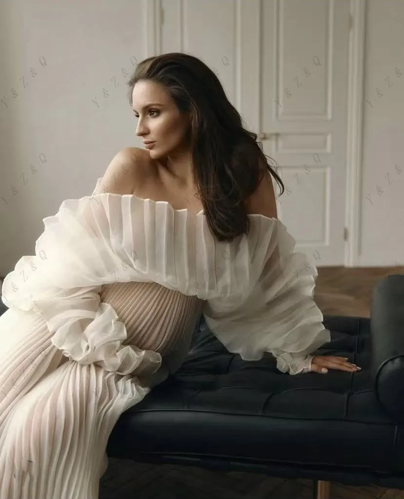 أناقة فستان حمل للنساء الحوامل شير قبالة الكتف ملابس للحمل طويلة الأكمام الكاملة فساتين الحمل مطوي