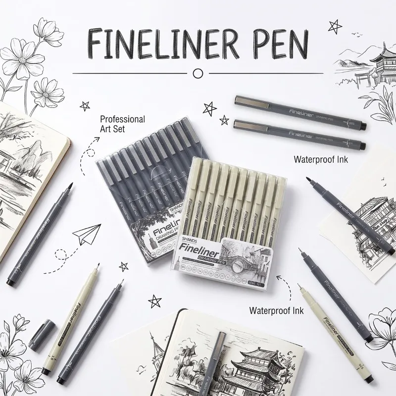 Sketch Contour Fineliner Pen Kit Fast Dry Waterproof Needle Nib for Anime Creation Hand-drawn Art Drafting Hobby Stationery