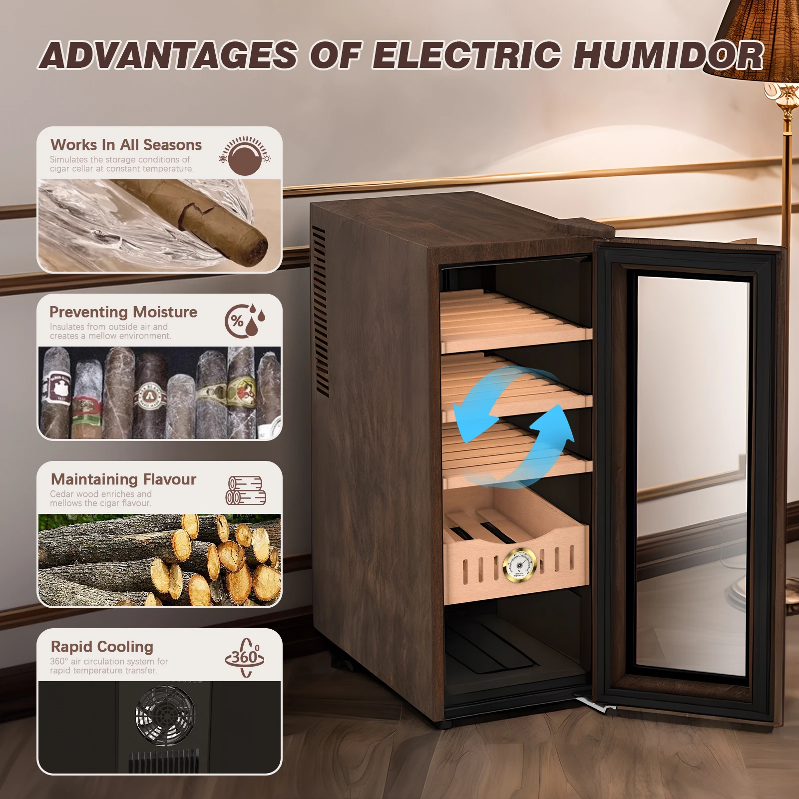 35L Electric Humidor, 4 Layers 250 Counts Electric Temperature Cooler Cabinet with Spanish Cedar Wood Shelves & Hygrometer