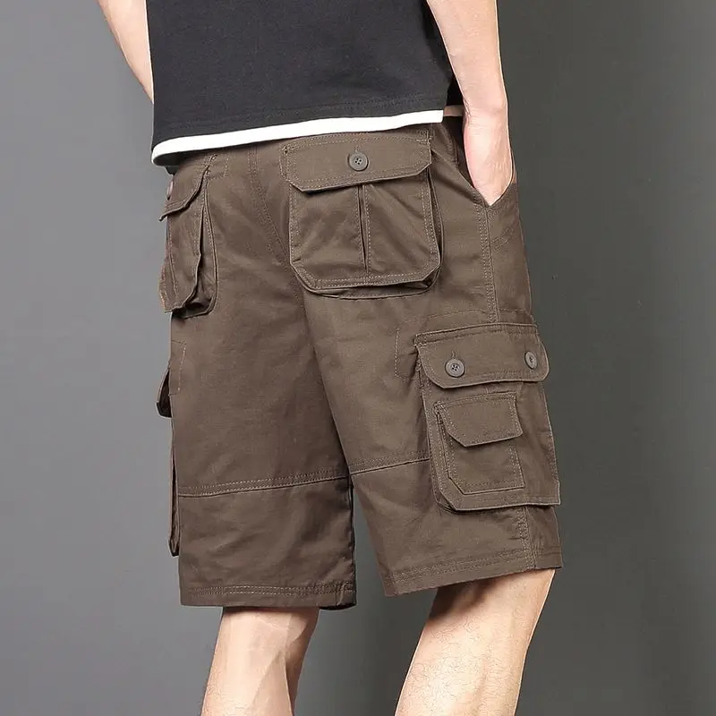 Black Long Men\'s Cargo Shorts Green Over Knee Half Male Bermuda Short Pants Distressed Wide Front Pocket Elastic Waist Homme Y2k