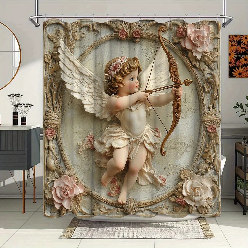 1pc Shower Curtain - Vintage Angel with Bow and Roses Design for a Romantic Bathroom Waterproof