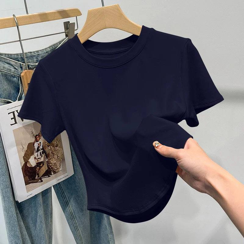 Summer Short Sleeve T-Shirt Women's New 2025 Irregular Large Atmosphere Meat Covering Summer Shoulder round Neck Versatile Top