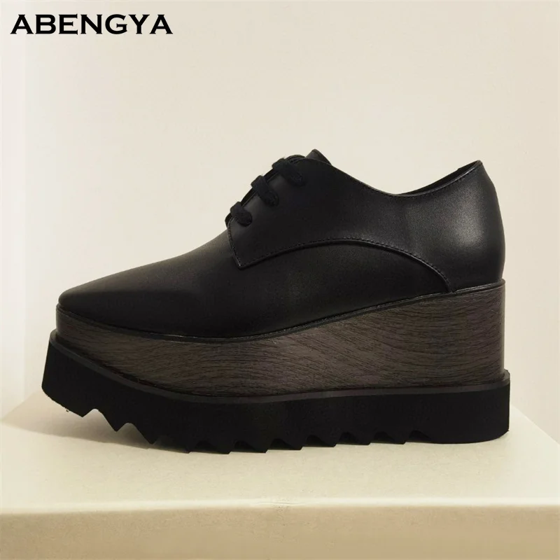 Hot Sale Spring Leather Flat Platform Shoes Woman Thick Sole Lace Up Designer Wedge Shoes Casual Vacation Walking White Shoes