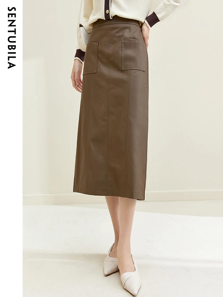 SENTUBILA Split Faux Leather Skirt Women 2024 Autumn Winter Elegant Female Coffee Straight Midi Pu Skirt Patch Pockets 133Q51119