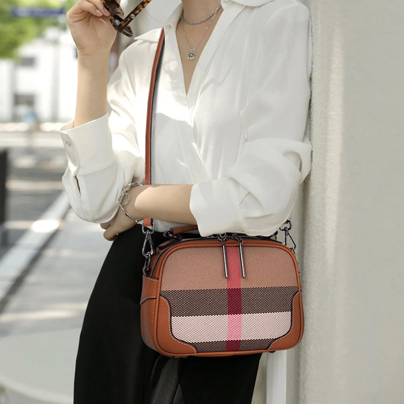 Fashion Ladies Crossbody Bag Classic Plaid Canvas With Genuine Leather Luxury Shoulder Bag Women's Casual Messenger Bag