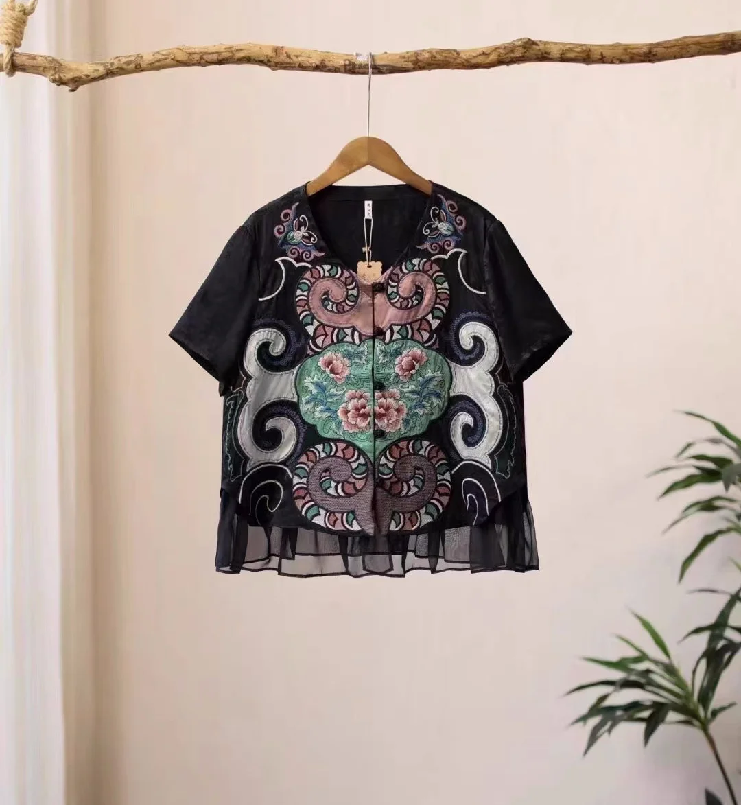 Vintage Women's blouses Black rayon jacquard Short sleeve Shirts Ethnic style embroidery with flounces summer clothes