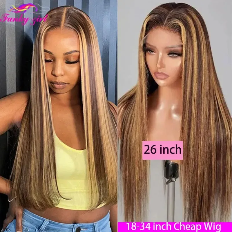 

Highlight Brown Straight Lace Front Wig Human Hair Wigs For Women Lace Closure Wig Pre Plucked Honey Blonde Colored Cheap Wigs