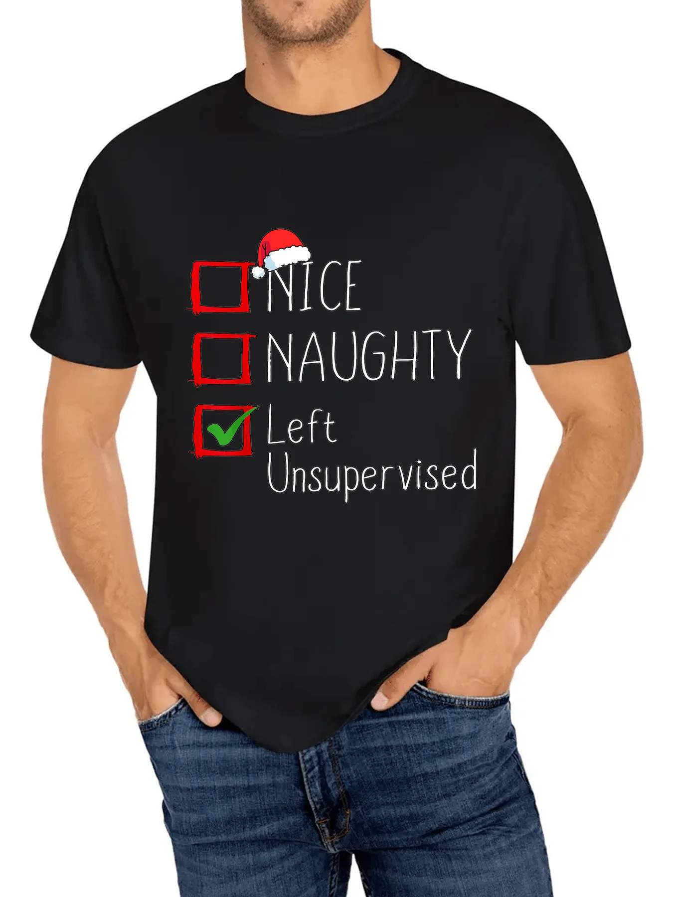 Men's Funny Christmas Naughty or Nice List T-Shirt - Santa Hat & Naughty Checklist Graphic, Ultra-Soft Breathable Moisture-Wicki