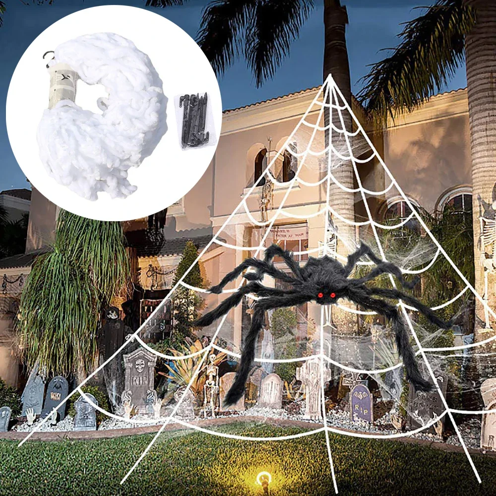Halloween Dreieckiges Spinnennetz, 5m Großes Plüsch-Simulations-Spinnennetz, Requisiten für Spukhaus-Dekoration im Außenbereich, Halloween-Deko – Detail 7