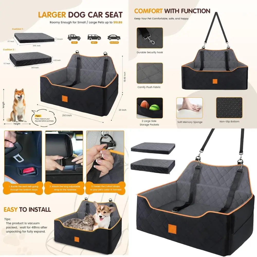 

Large Dog Car Seat Cover with Memory Foam for Pets up to 55 lbs or 2 Small Dogs, Comfortable Pet Bed for Back Seat Travel