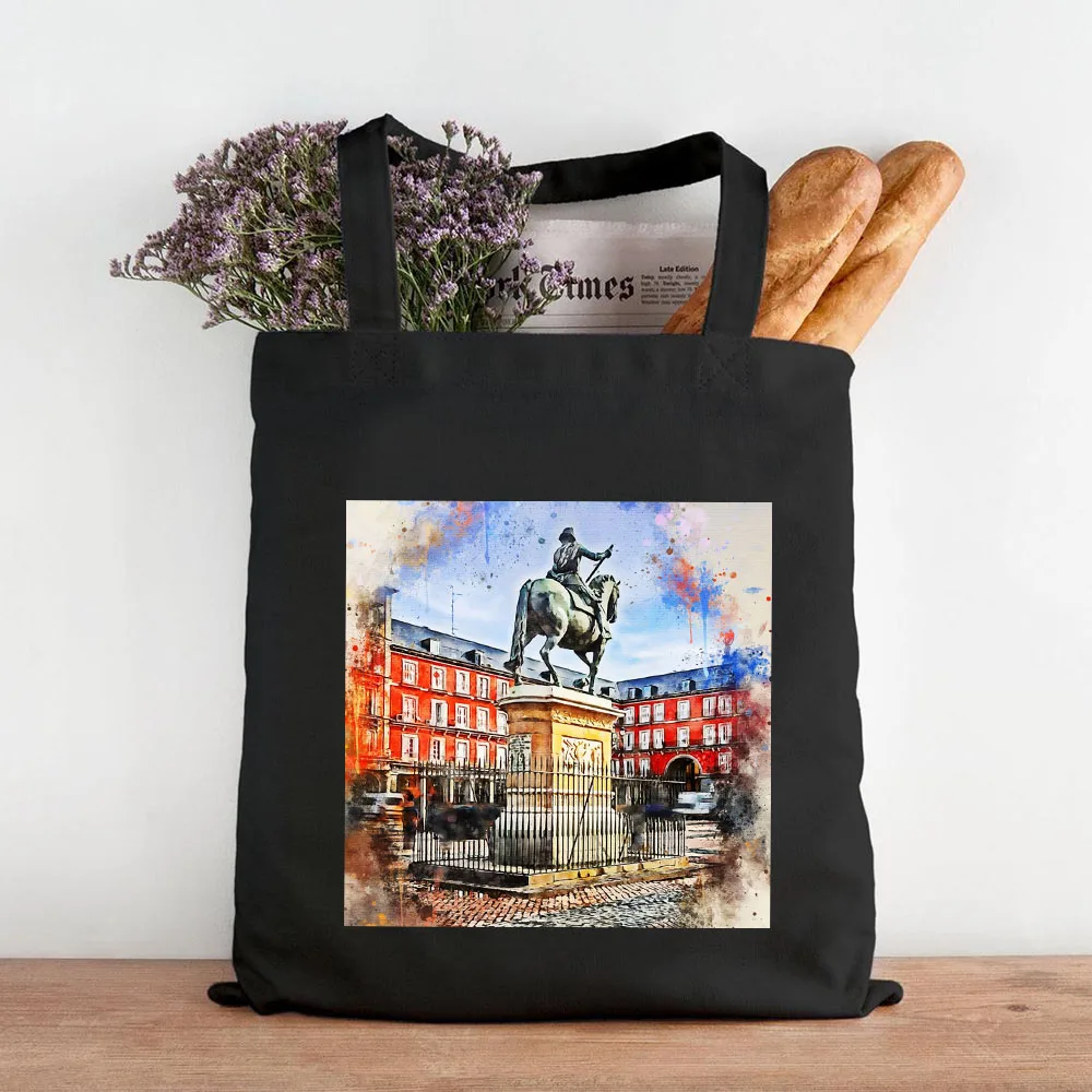 New Canvas Tote Bag Watercolor Madrid Plaza Mayor Print Reusable Shoulder Bag Casual Eco-friendly Tote for Travel & Daily Use