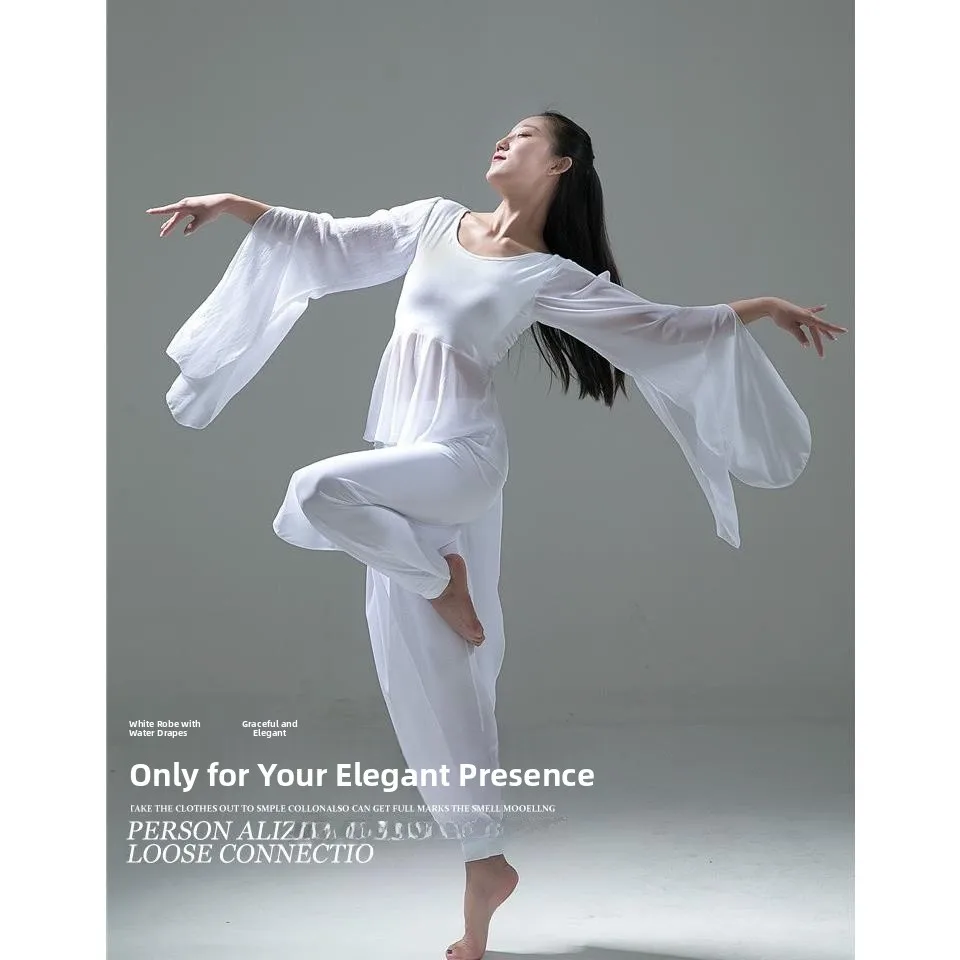 

Nisuy Yoga Dance Women's Outfit White Fairy Water Sleeve Performance Suit Ethnic Stage Costume Polyester Fiber Spring 2023