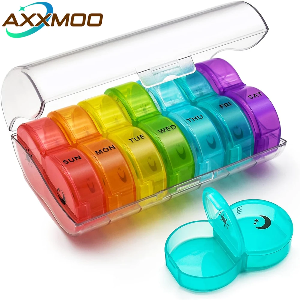 Weekly Pill Organizer 2 Times A Day, AM PM Pill Box 7 Day in Rainbow Color, Travel Pill Case for Medication Vitamins Fish Oils