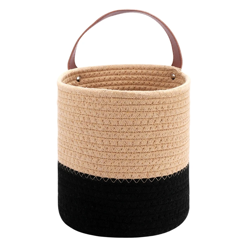 Wandgemonteerde geweven hangende mand met lederen handvat, plankmandorganizer voor planten woondecoratie